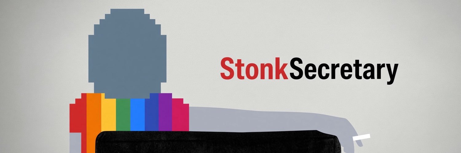 The full StonkSecretary banner: the rainbow-shirted secretary at her desk, with the StonkSecretary wordmark.